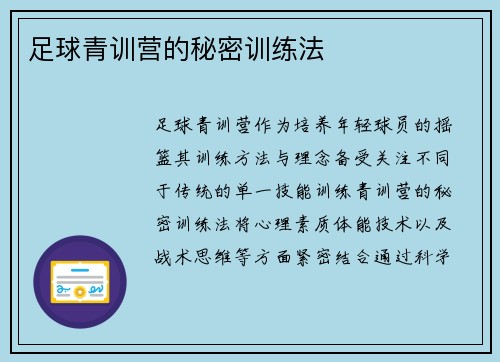 足球青训营的秘密训练法