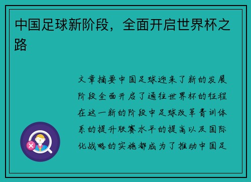 中国足球新阶段，全面开启世界杯之路