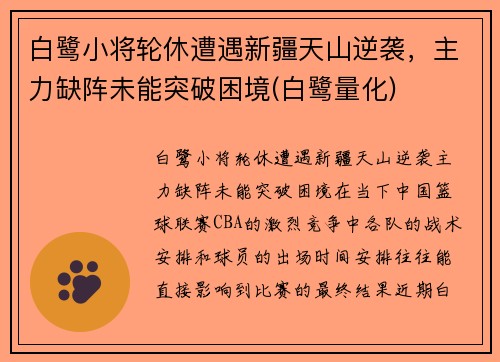 白鹭小将轮休遭遇新疆天山逆袭，主力缺阵未能突破困境(白鹭量化)