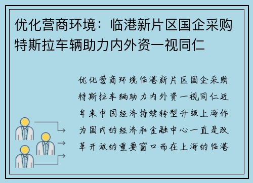 优化营商环境：临港新片区国企采购特斯拉车辆助力内外资一视同仁