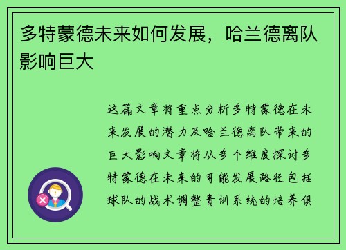 多特蒙德未来如何发展，哈兰德离队影响巨大